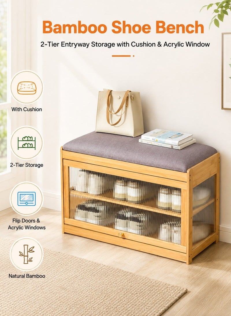WALALLA Bamboo Shoe Storage Bench with Cushion, 2-Tier Shoe Cabinet with Flip Doors and Acrylic Windows, Space-Saving Entryway Shoe Organizer for Hallway, Foyer and Bedroom - Image 1