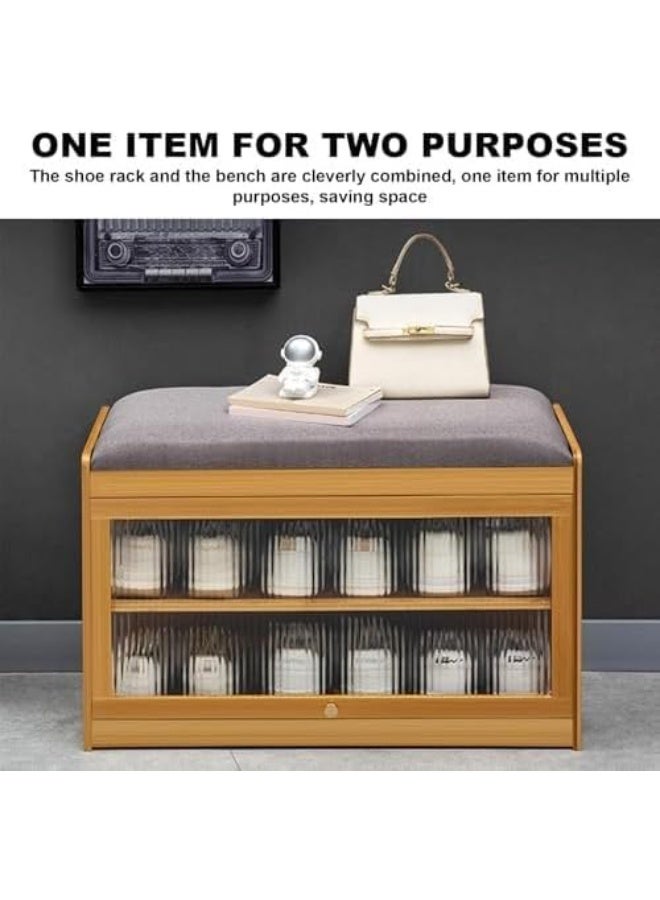 WALALLA Bamboo Shoe Storage Bench with Cushion, 2-Tier Shoe Cabinet with Flip Doors and Acrylic Windows, Space-Saving Entryway Shoe Organizer for Hallway, Foyer and Bedroom - Image 3