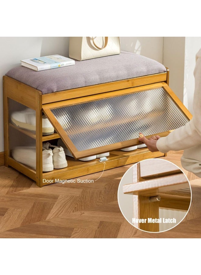 WALALLA Bamboo Shoe Storage Bench with Cushion, 2-Tier Shoe Cabinet with Flip Doors and Acrylic Windows, Space-Saving Entryway Shoe Organizer for Hallway, Foyer and Bedroom - Image 5