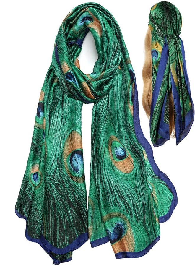 NaSoPerfect Silk Feeling Scarf Large Headscarf Fashion Peacock Pattern Hair Wraps Soft Neck Scarves for Women 70" x 35" - Image 1