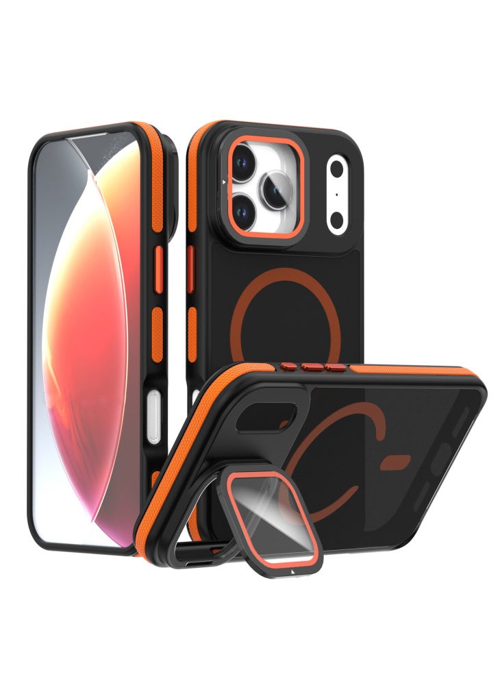 For iPhone 17 Pro Magnetic Case Skin-Touch TPU Acrylic Phone Back Cover with Lens Protector Kickstand - Orange - Image 1