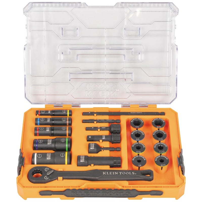 Klein Tools 65240 KNECT Impact DeepWell Flip Socket and LowProfile Pass Through Socket Set SAE 20Piece MODbox Case 14Inch and 38Inch Drive