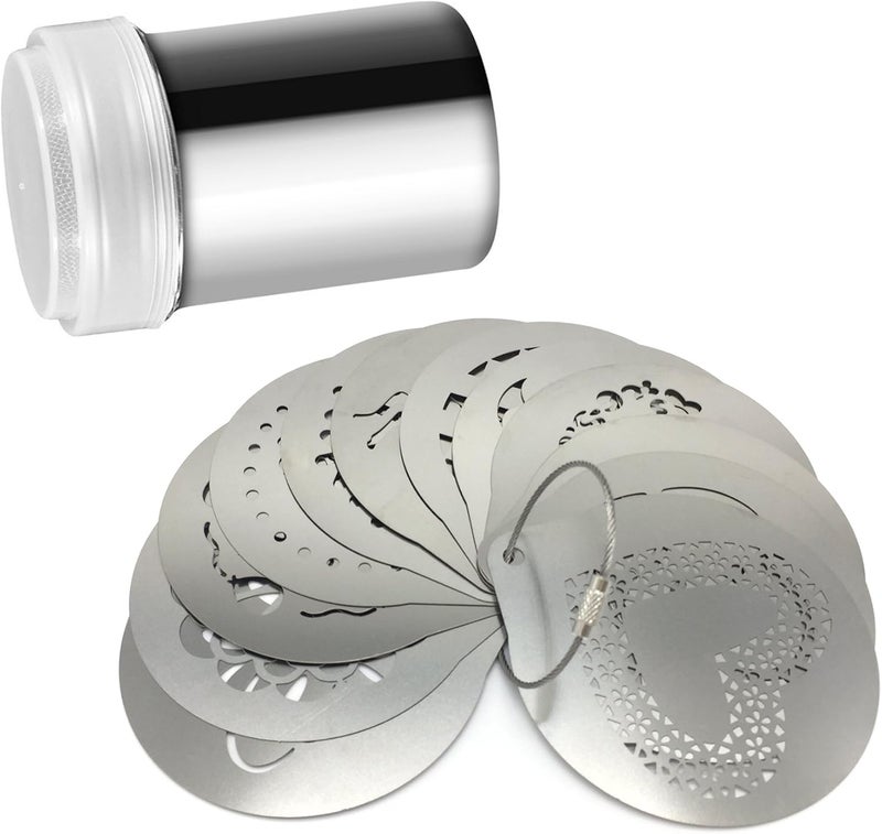Lofekea Stainless Steel Powder Shakers Coffee Cocoa Cinnamon Shaker Cans Mesh Duster with 16PCS Stainless Steel Barista Coffee Decorating Stencils Template for Latte Cappuccino Cupcake Stencils - Image 2
