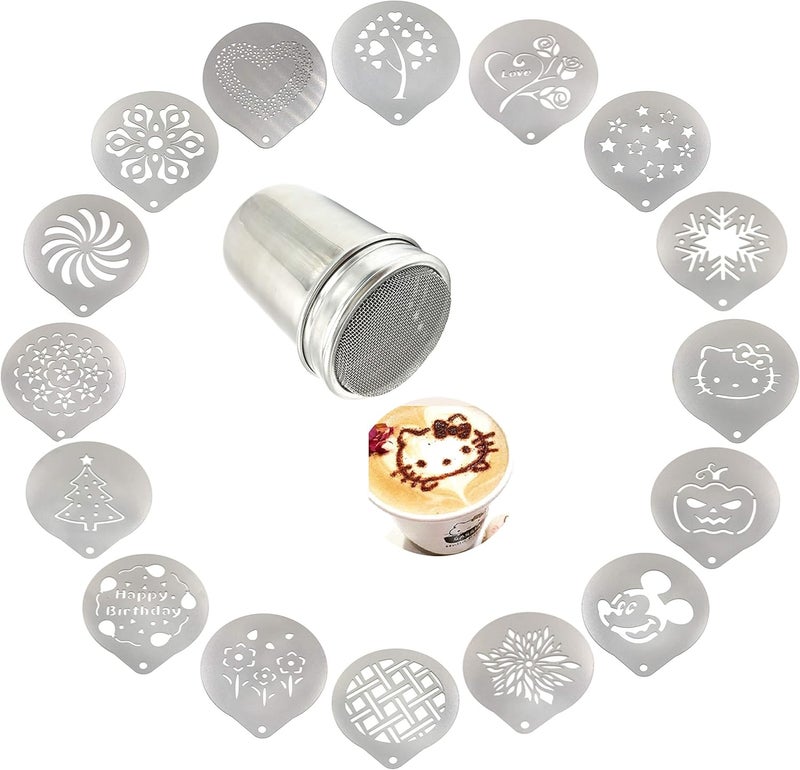 Lofekea Stainless Steel Powder Shakers Coffee Cocoa Cinnamon Shaker Cans Mesh Duster with 16PCS Stainless Steel Barista Coffee Decorating Stencils Template for Latte Cappuccino Cupcake Stencils - Image 1