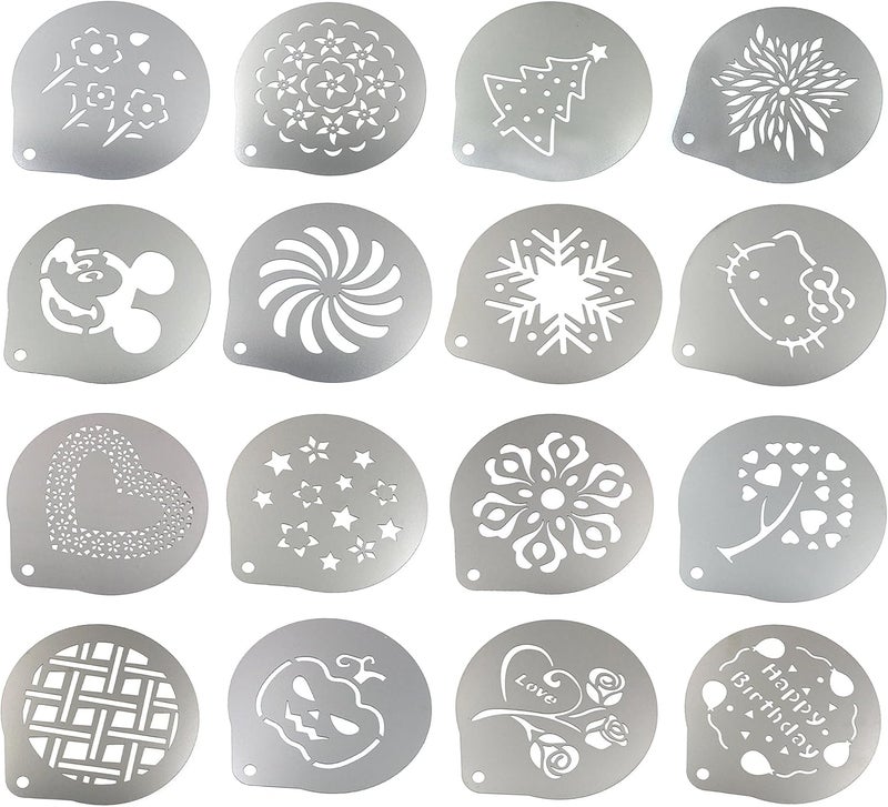 Lofekea Stainless Steel Powder Shakers Coffee Cocoa Cinnamon Shaker Cans Mesh Duster with 16PCS Stainless Steel Barista Coffee Decorating Stencils Template for Latte Cappuccino Cupcake Stencils - Image 4