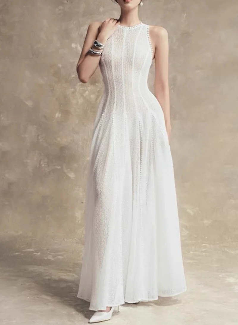 Madam Uniq White Sleeveless Sculpted Hollow - Out Maxi Dress