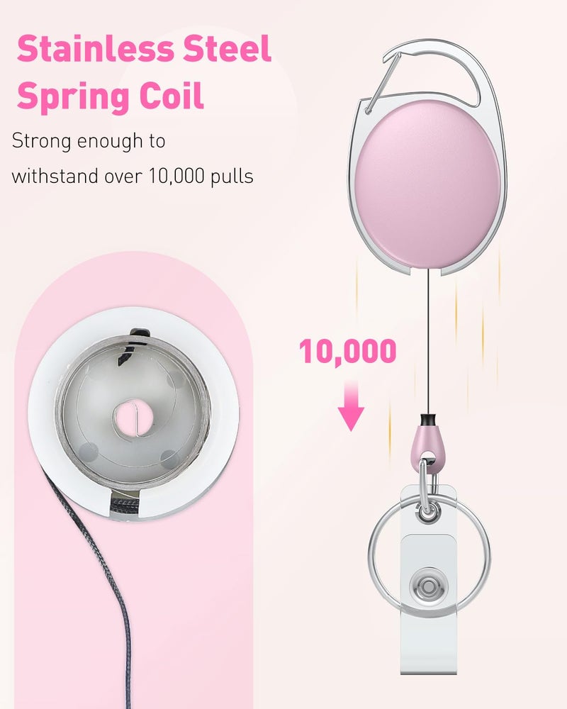 Uniclife 2 Pack Retractable Badge Reel for Badge Holder Pink Heavy Duty Retractable Keychain Strong ABS Casing with Stainless Steel Spring Coil 24 Inch Nylon Rope Carabiner Clip and Key Ring - Image 2