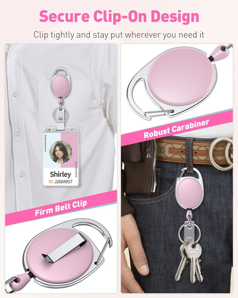 Uniclife 2 Pack Retractable Badge Reel for Badge Holder Pink Heavy Duty Retractable Keychain Strong ABS Casing with Stainless Steel Spring Coil 24 Inch Nylon Rope Carabiner Clip and Key Ring - Image 5