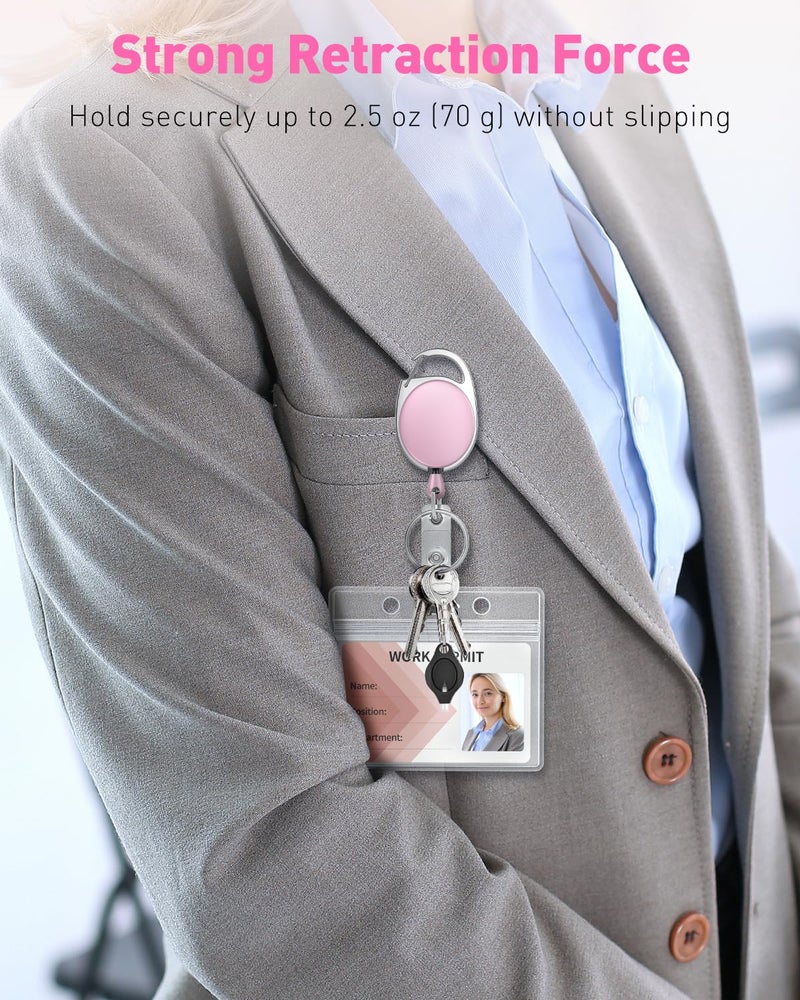 Uniclife 2 Pack Retractable Badge Reel for Badge Holder Pink Heavy Duty Retractable Keychain Strong ABS Casing with Stainless Steel Spring Coil 24 Inch Nylon Rope Carabiner Clip and Key Ring - Image 4