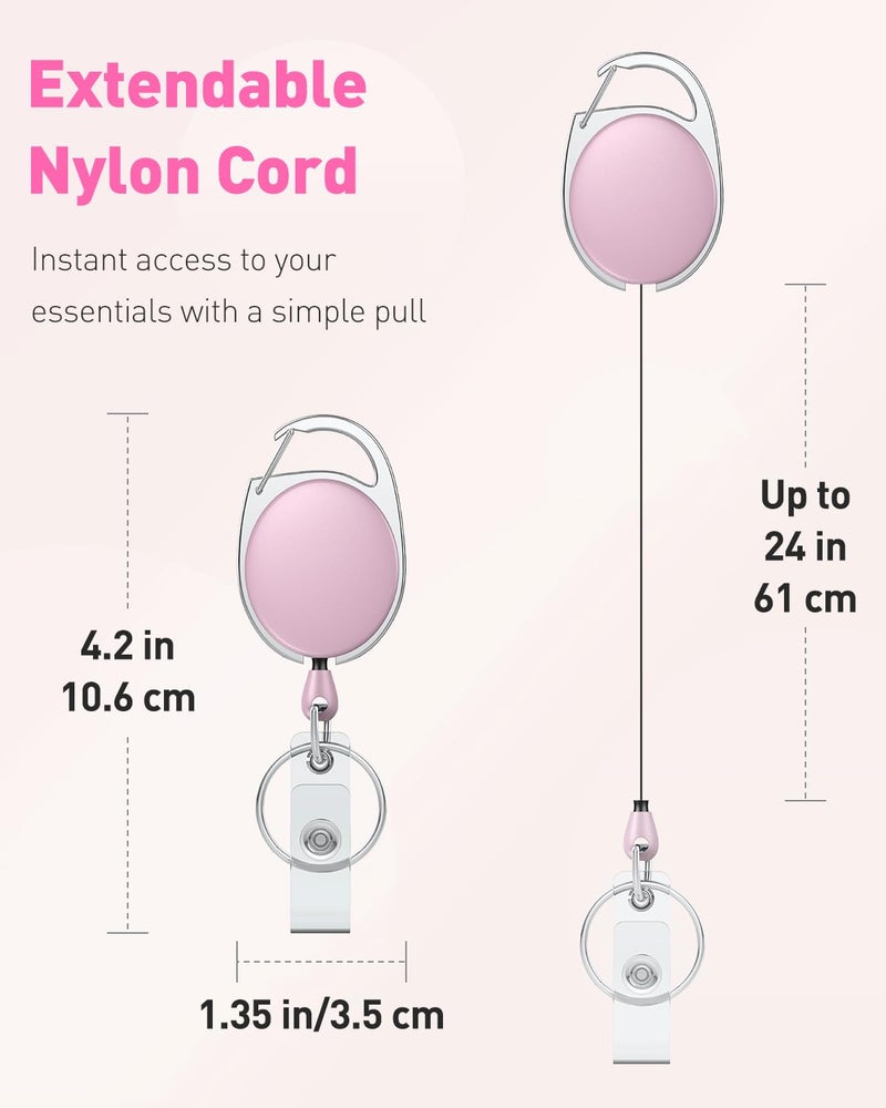 Uniclife 2 Pack Retractable Badge Reel for Badge Holder Pink Heavy Duty Retractable Keychain Strong ABS Casing with Stainless Steel Spring Coil 24 Inch Nylon Rope Carabiner Clip and Key Ring - Image 3