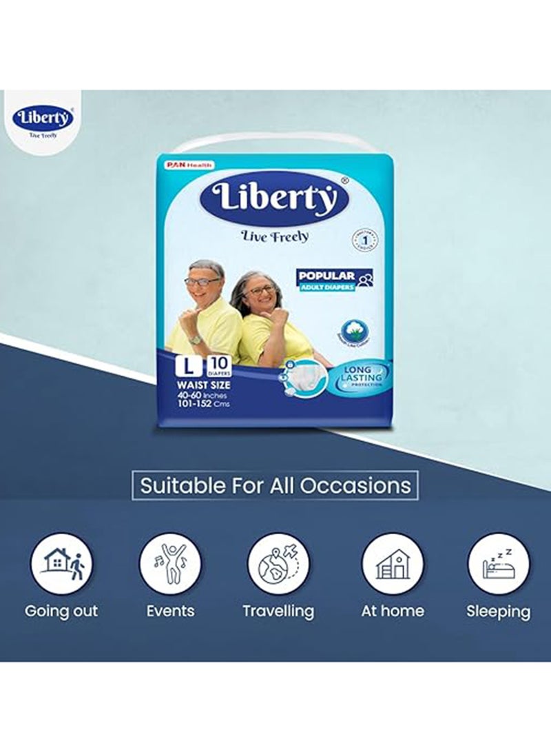 Liberty Popular Adult Diapers Tape Style Large L Size 10 Count Waist Size 101-152Cm 40-60 Inches Unisex Wetness Indicator Pack Of 1 - Image 2