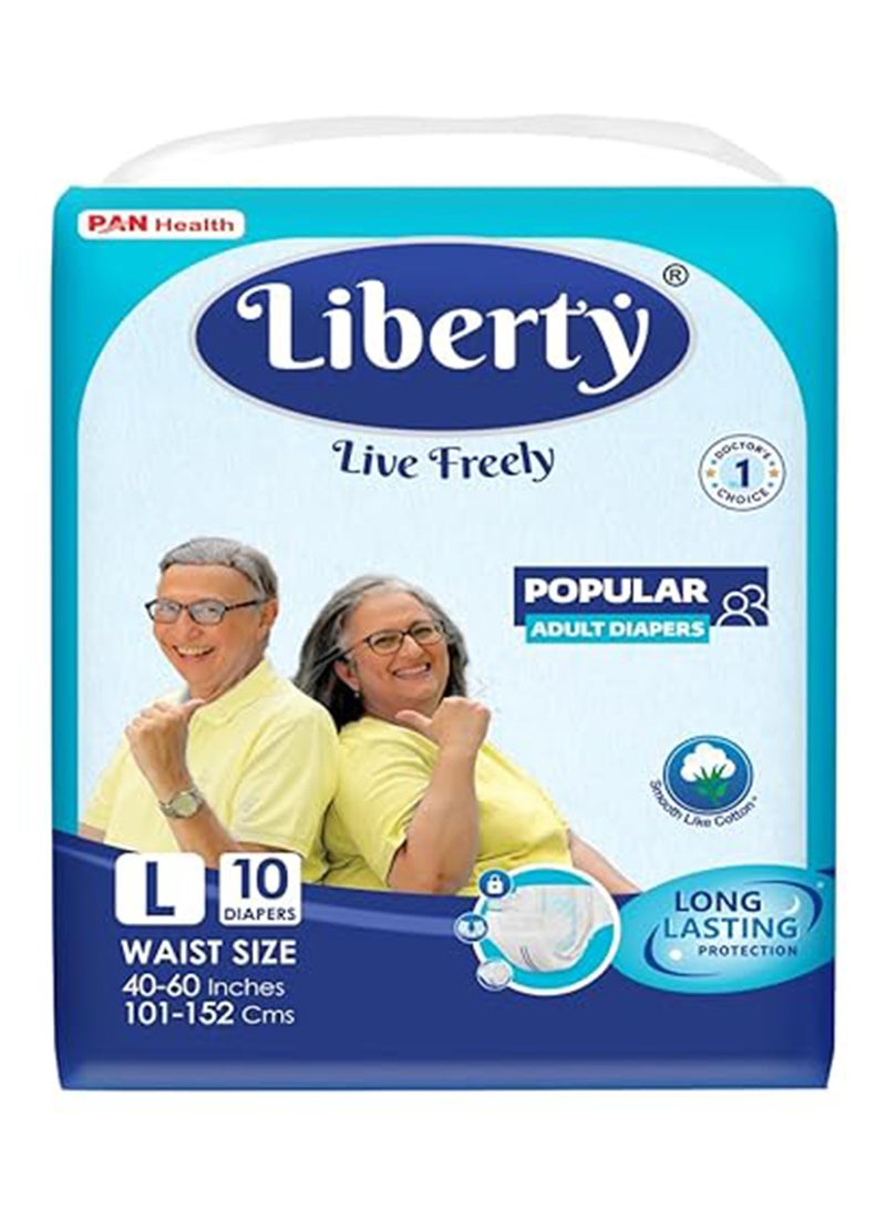 Liberty Popular Adult Diapers Tape Style Large L Size 10 Count Waist Size 101-152Cm 40-60 Inches Unisex Wetness Indicator Pack Of 1 - Image 1