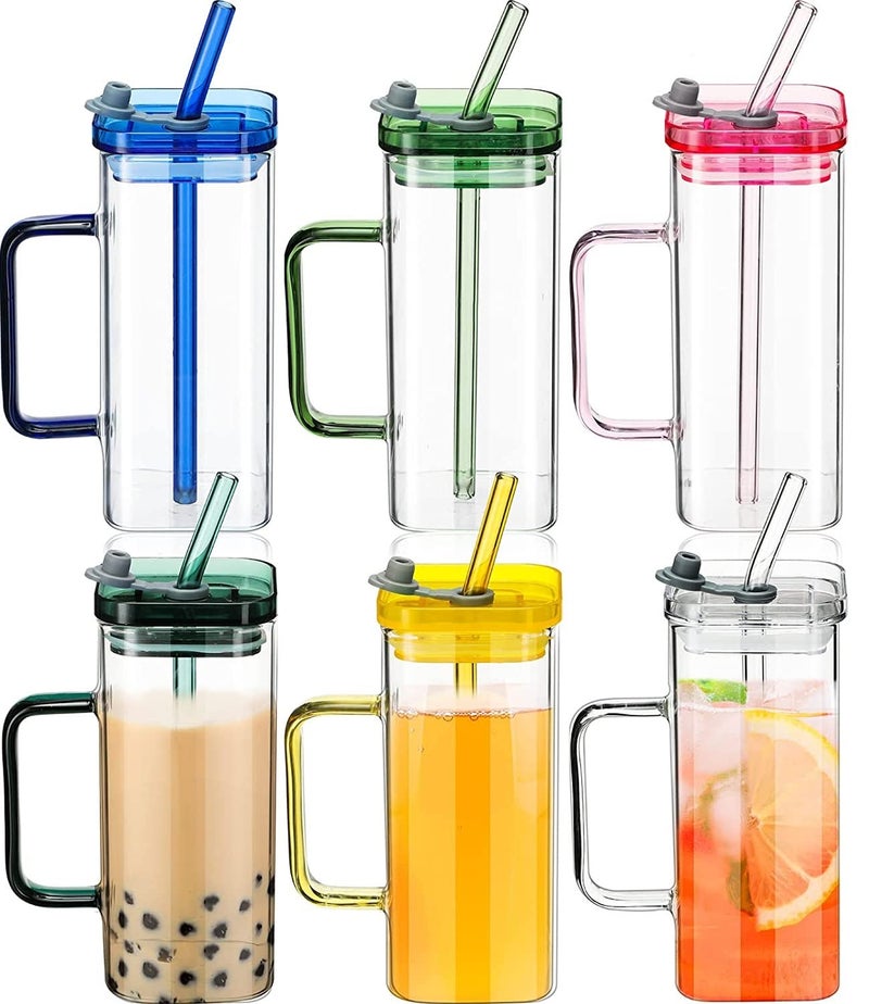 KHOLAD Glass Tumbler with Glass Straw and Lid 400ml Square Drinking Glasses Cup with Colored Handle Glass Coffee Mugs for Straw and Direct Drinking Mouth Dual Use Summer Travel Bottle Pack of 1