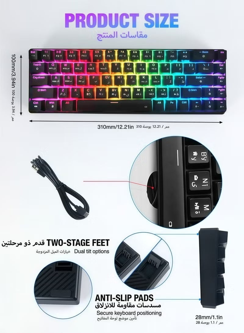 لوحة مفاتيح، لوحة مفاتيح للألعاب، لوحة مفاتيح ميكانيكية، إضاءة خلفية RGB زرقاء، اتصال بلوتوث لاسلكي متعدد الأوضاع، أغطية مفاتيح عربية، هيكل قابل للتبديل السريع لـ 68 مفتاحًا، خاصية منع التداخل، لوحة مفاتيح عربية، بطارية قابلة للشحن تدوم طويلًا بسعة 2000 مللي أمبير (12.2 × 3.9 بوصة)، لوحة مفاتيح سوداء - Image 3