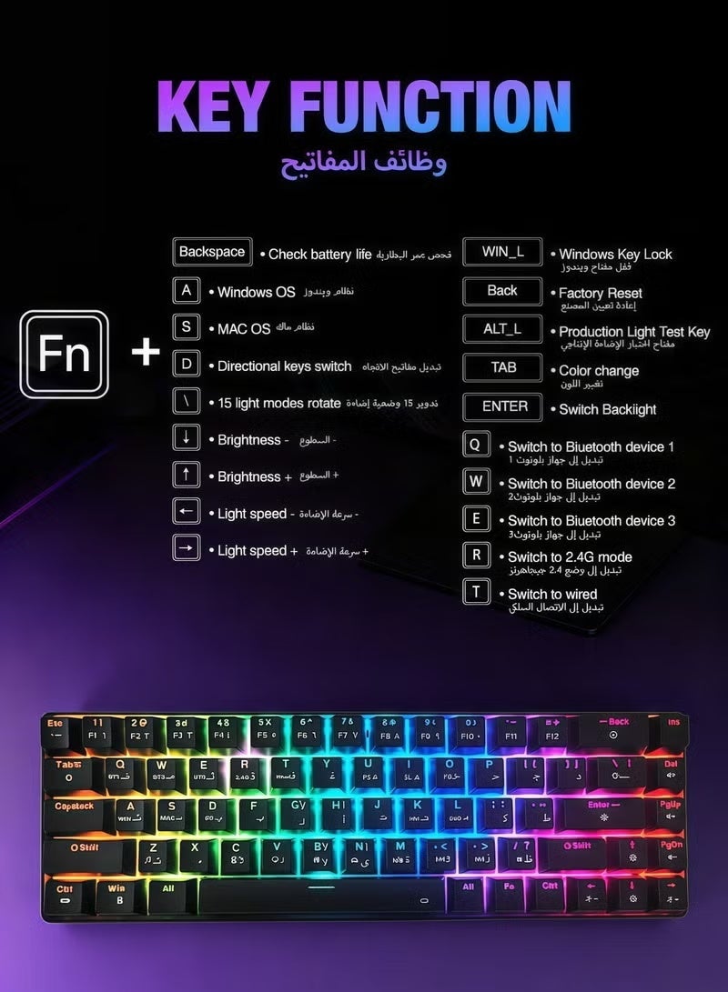 لوحة مفاتيح، لوحة مفاتيح للألعاب، لوحة مفاتيح ميكانيكية، إضاءة خلفية RGB زرقاء، اتصال بلوتوث لاسلكي متعدد الأوضاع، أغطية مفاتيح عربية، هيكل قابل للتبديل السريع لـ 68 مفتاحًا، خاصية منع التداخل، لوحة مفاتيح عربية، بطارية قابلة للشحن تدوم طويلًا بسعة 2000 مللي أمبير (12.2 × 3.9 بوصة)، لوحة مفاتيح سوداء - Image 5