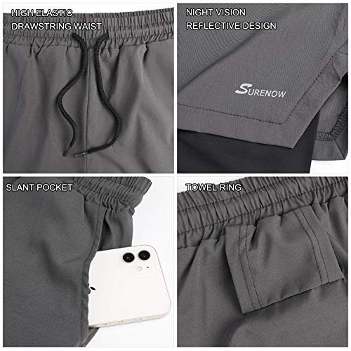 Surenow Mens 2 in 1 Running Shorts Quick Dry Athletic Shorts with Liner, Workout Shorts with Zip Pockets and Towel Loop Dark Grey - Image 4