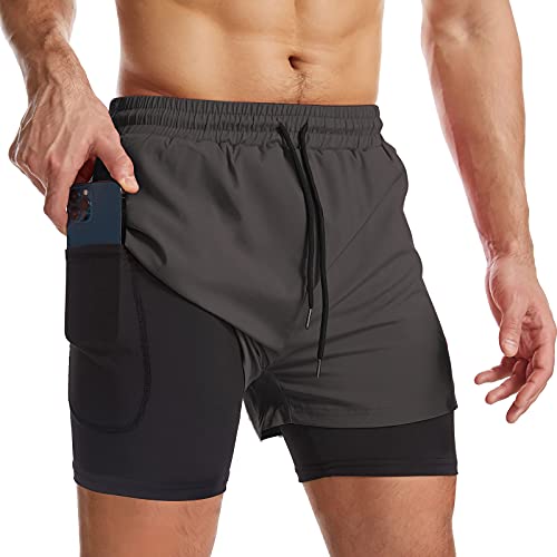Surenow Mens 2 in 1 Running Shorts Quick Dry Athletic Shorts with Liner, Workout Shorts with Zip Pockets and Towel Loop Dark Grey - Image 1