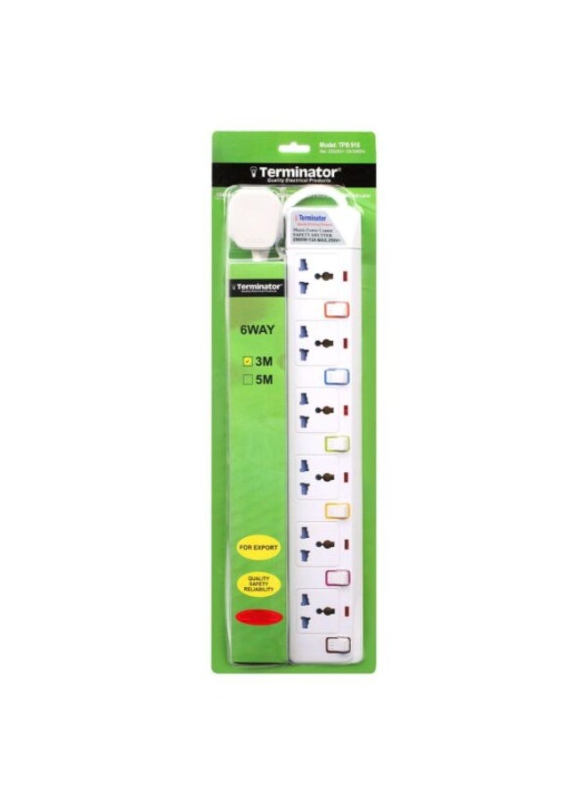 Terminator 6 Way Universal Power Extension Socket With Individual Switches & Indicators 3M 13A