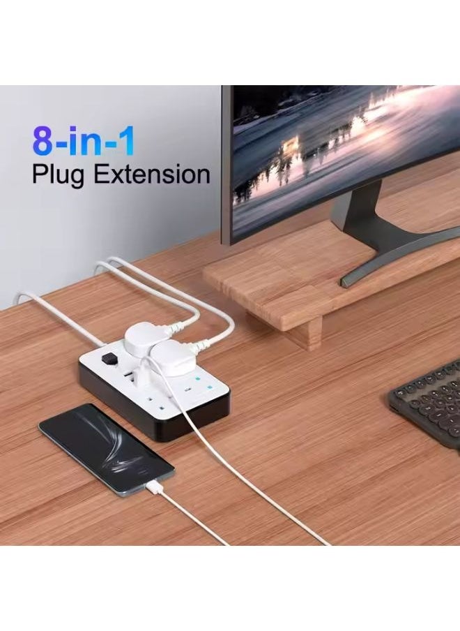 جي كي كي سلك تمديد عالمي مزود بـ 4 مقابس طاقة و3 فتحات USB، شريط طاقة بطول 3 أمتار بأربعة اتجاهات مع فتحة شحن USB من النوع C، سلك تمديد أبيض  - Image 4