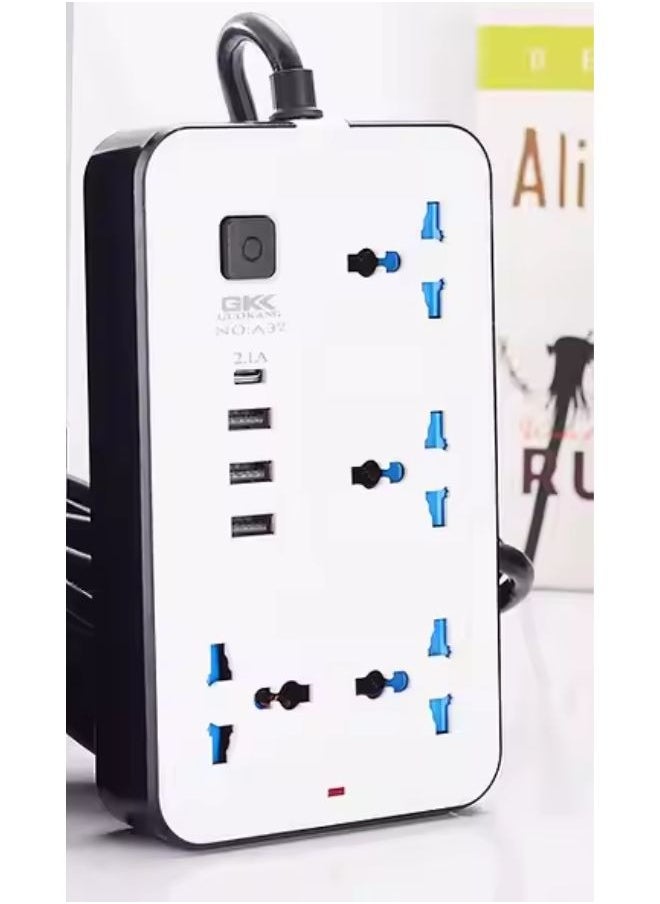 جي كي كي سلك تمديد عالمي مزود بـ 4 مقابس طاقة و3 فتحات USB، شريط طاقة بطول 3 أمتار بأربعة اتجاهات مع فتحة شحن USB من النوع C، سلك تمديد أبيض  - Image 1