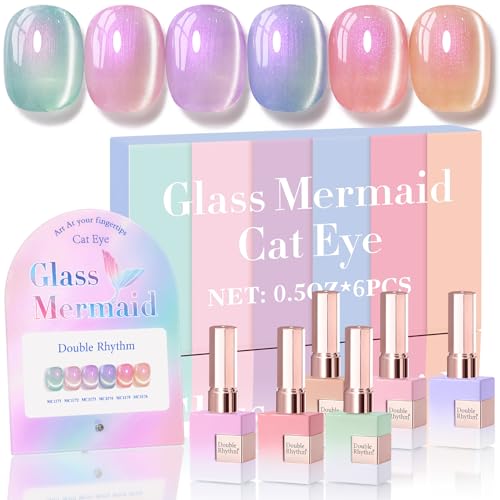 Double Rhythm Cat Eye Gel Nail Polish Set of 6 Same Color Same Bottle 0.5 Oz Shimmer Glitter with Magnet Holographic Reflective Magnetic UV Nail Polish Kit at Home (Mermaid Pink Rose-T6-31) - Image 1