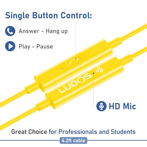 LUDOS FEROX Wired Earbuds in-Ear Headphones, 5 Years Warranty, Earphones with Microphone, Noise Isolation Corded for 3.5mm Jack Ear Buds for iPhone, Samsung, Laptop, Kids, School Students - Yellow - Image 4