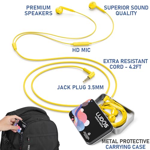LUDOS FEROX Wired Earbuds in-Ear Headphones, 5 Years Warranty, Earphones with Microphone, Noise Isolation Corded for 3.5mm Jack Ear Buds for iPhone, Samsung, Laptop, Kids, School Students - Yellow - Image 2