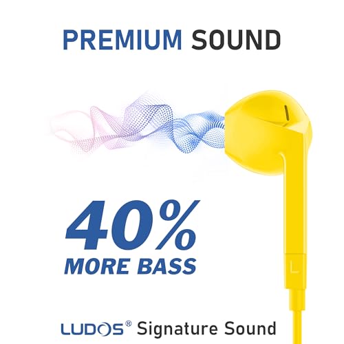 LUDOS FEROX Wired Earbuds in-Ear Headphones, 5 Years Warranty, Earphones with Microphone, Noise Isolation Corded for 3.5mm Jack Ear Buds for iPhone, Samsung, Laptop, Kids, School Students - Yellow - Image 3