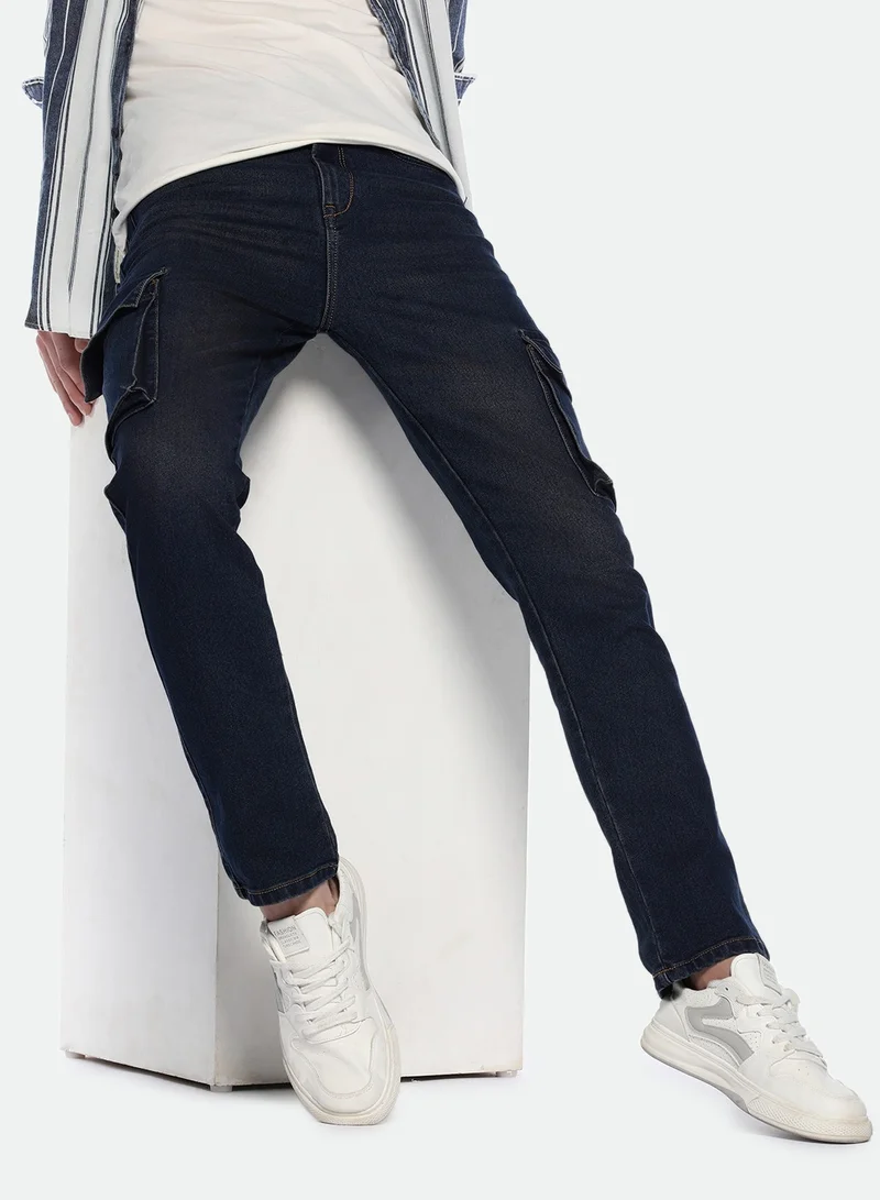 Straight Fit Mid Blue Men's Jeans with Button & Zip Closure (Denim)