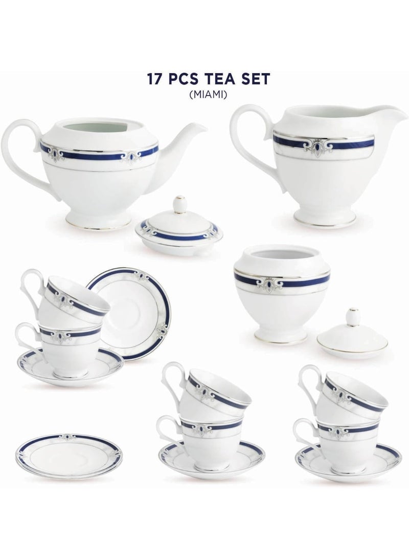 Peggy Oliver Miami Collection 17 Pcs Tea Set | Blue And Platinum Plated Pattern | Elegant Set for Serving & Gifting - Image 2