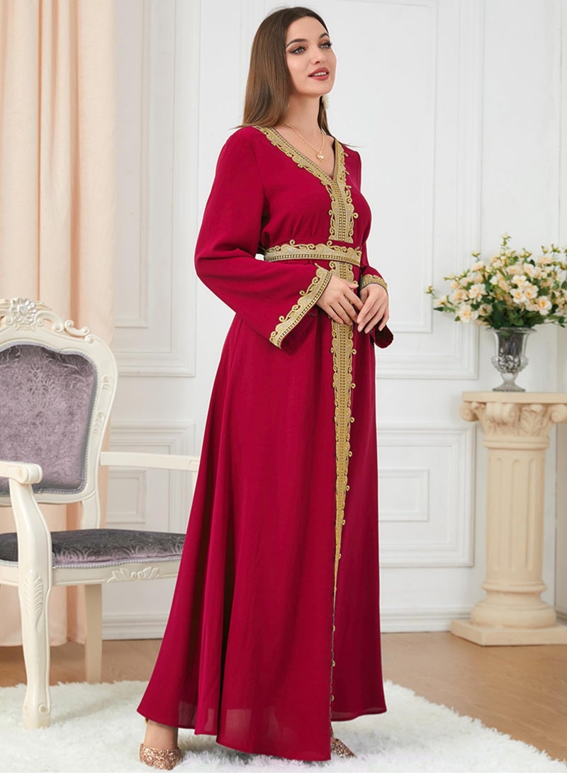 Muslim Dresses for Women One Piece Long Sleeve V Neck Lace Belted Islamic Prayer Dress Abaya Kaftan Dubai Casual Dress jalabiyas  - Image 3