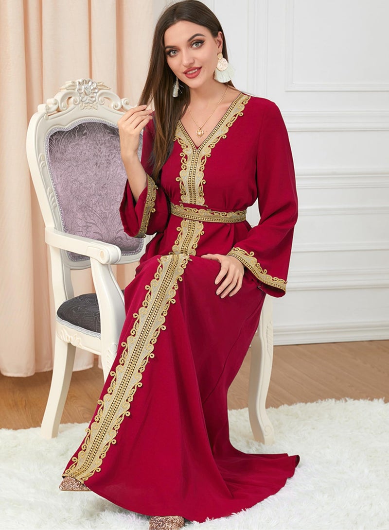 Muslim Dresses for Women One Piece Long Sleeve V Neck Lace Belted Islamic Prayer Dress Abaya Kaftan Dubai Casual Dress jalabiyas  - Image 5