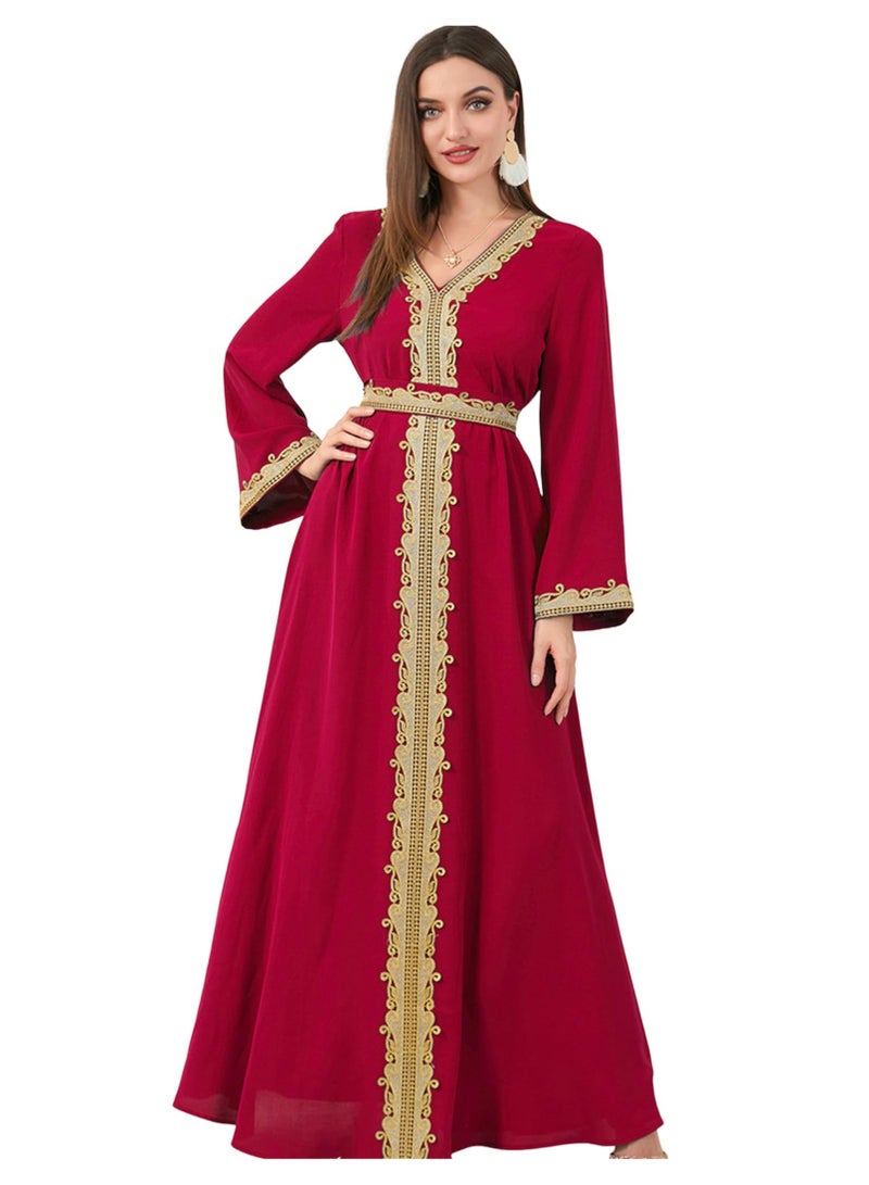 Muslim Dresses for Women One Piece Long Sleeve V Neck Lace Belted Islamic Prayer Dress Abaya Kaftan Dubai Casual Dress jalabiyas  - Image 1