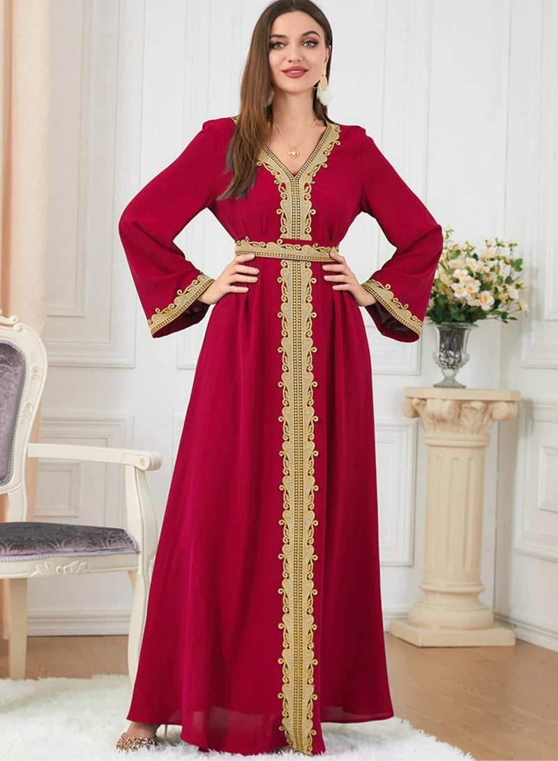 Muslim Dresses for Women One Piece Long Sleeve V Neck Lace Belted Islamic Prayer Dress Abaya Kaftan Dubai Casual Dress jalabiyas  - Image 4