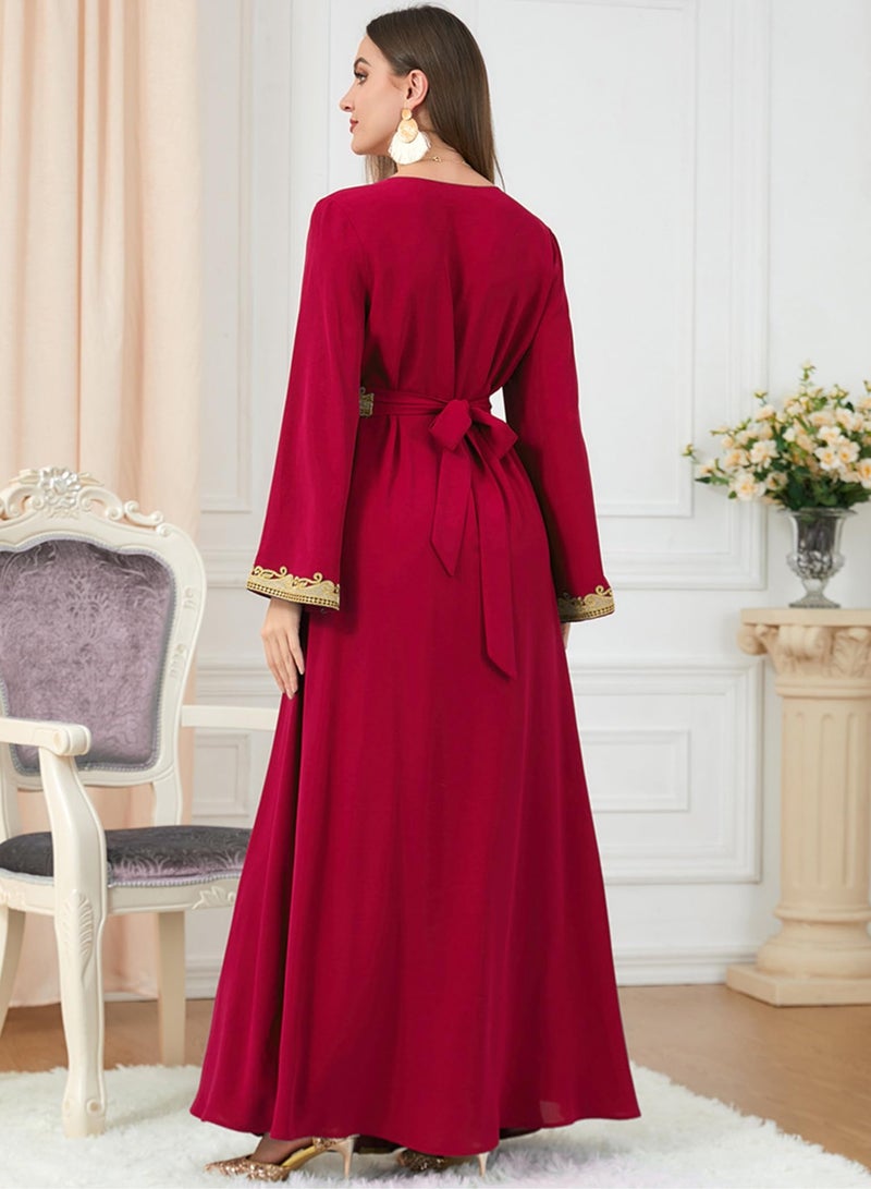 Muslim Dresses for Women One Piece Long Sleeve V Neck Lace Belted Islamic Prayer Dress Abaya Kaftan Dubai Casual Dress jalabiyas  - Image 2