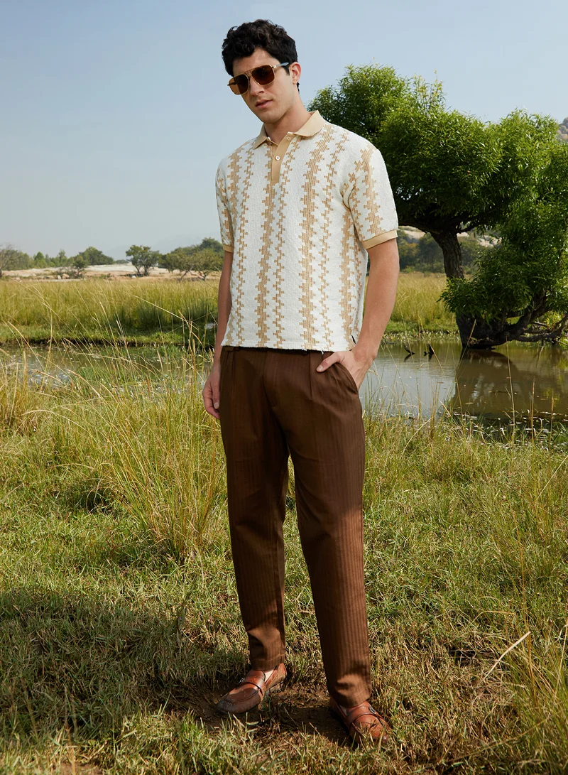 كامبوس سوترا Men's Buff Beige & Cream White Indie-Block Polo T-Shirt