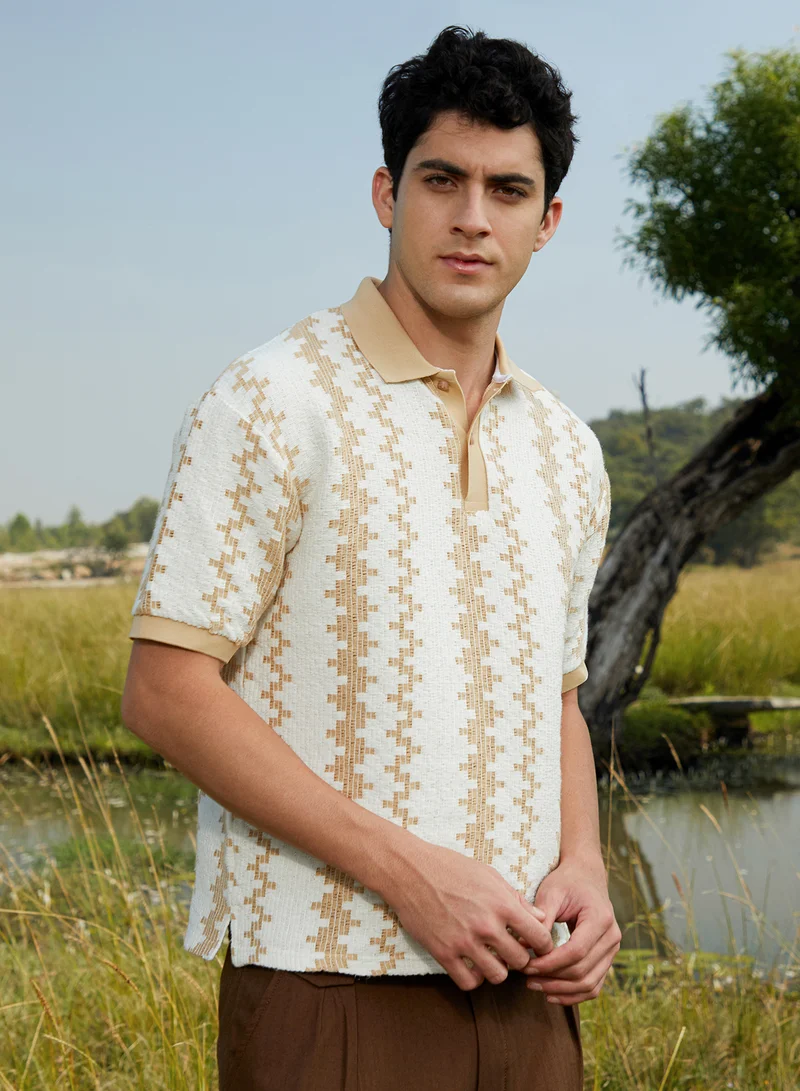 كامبوس سوترا Men's Buff Beige & Cream White Indie-Block Polo T-Shirt