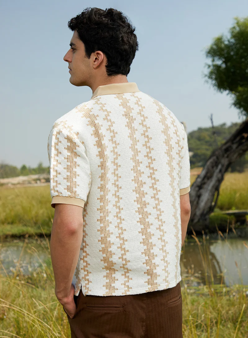 كامبوس سوترا Men's Buff Beige & Cream White Indie-Block Polo T-Shirt