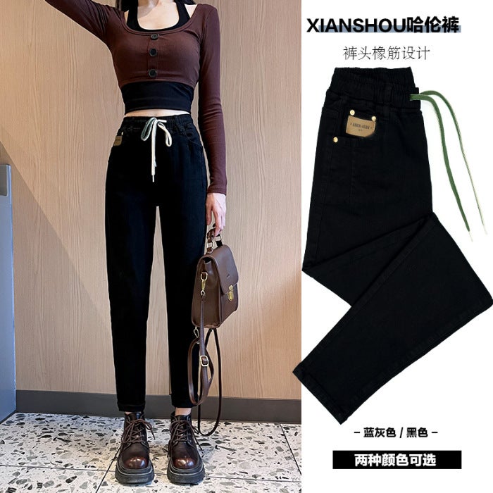Loose Tight Waist Lace-Up Jeans Women'S Stretch Slimming Harlan Dad Radish Leggings - Image 1