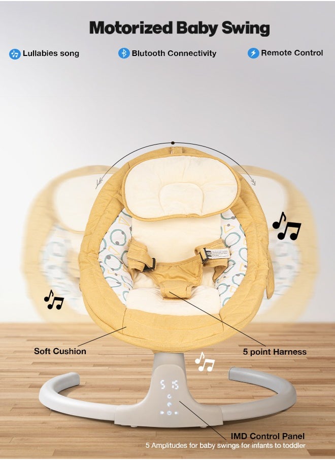 بيبي - مهد أطفال كهربائي أوتوماتيكي من Baybee Lullabies للطفل مع سرعة تأرجح قابلة للتعديل، استلقاء، بلوتوث وموسيقى | كرسي هزاز للأطفال مع ناموسية وحزام أمان وألعاب | مرجيحة للطفل (أصفر) - Image 1