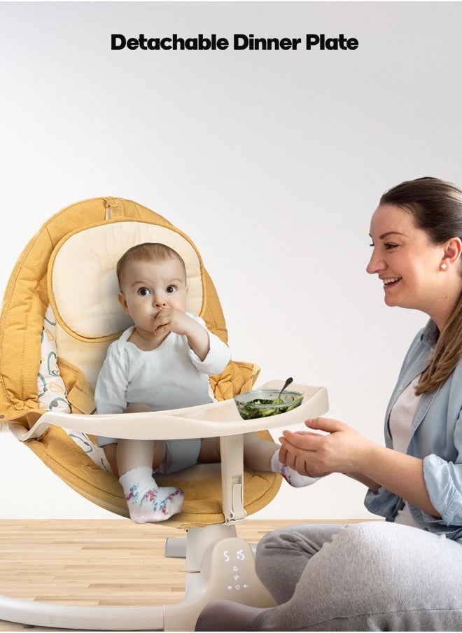 بيبي - مهد أطفال كهربائي أوتوماتيكي من Baybee Lullabies للطفل مع سرعة تأرجح قابلة للتعديل، استلقاء، بلوتوث وموسيقى | كرسي هزاز للأطفال مع ناموسية وحزام أمان وألعاب | مرجيحة للطفل (أصفر) - Image 1