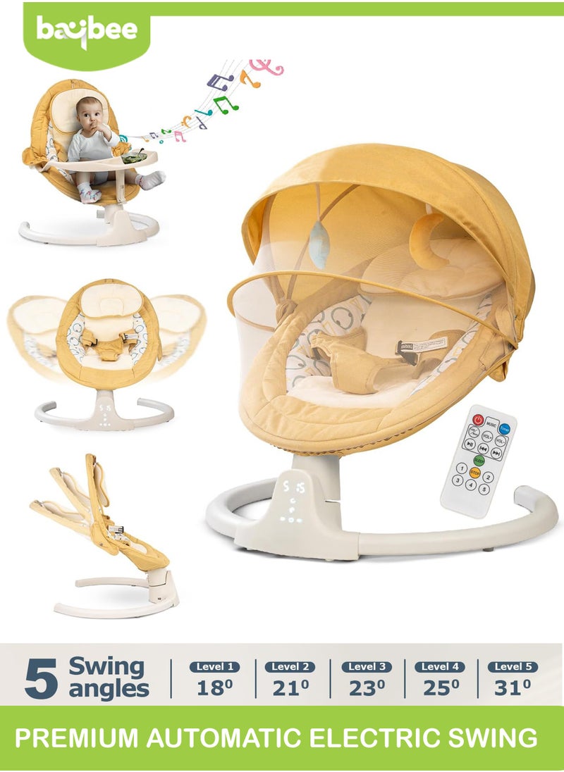 بيبي - مهد أطفال كهربائي أوتوماتيكي من Baybee Lullabies للطفل مع سرعة تأرجح قابلة للتعديل، استلقاء، بلوتوث وموسيقى | كرسي هزاز للأطفال مع ناموسية وحزام أمان وألعاب | مرجيحة للطفل (أصفر) - Image 1