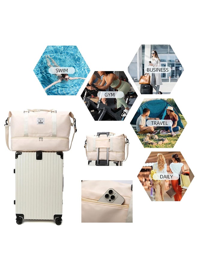 SHABILI Women Nylon Large Capacity Sports Tourist Trolley Bag Shoulder Bag and Crossbody Bag ， Ladies Multi-pocket Tote Bag with Wet and Dry Separation, Suitable Travel, Commuting and Daily use（Beige） - Image 5