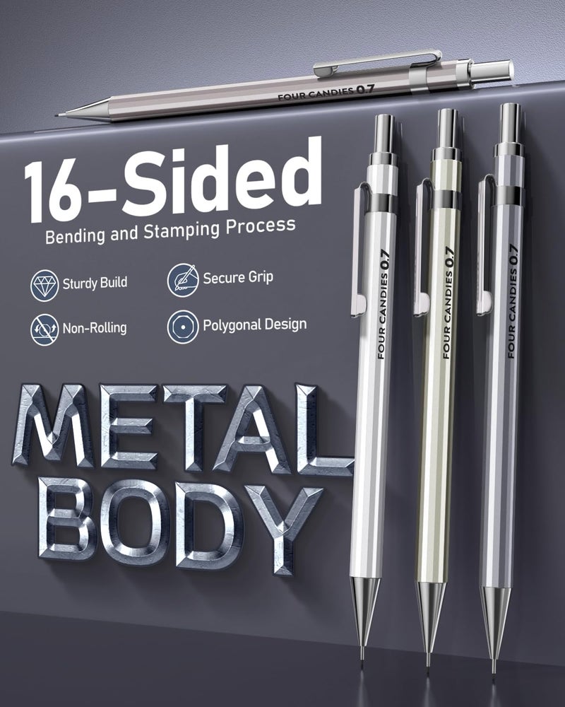 Four Candies 0.7mm Mechanical Pencil Set with Case - 4PCS Metal Mechanical Pencils, 8 Tubes HB #2 Lead Refills, 3PCS 4B Erasers and 9PCS Eraser Refills, Lead Mechanical Pencils for Writing & Drawing - Image 2