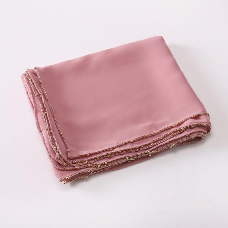 Elegant Solid Color Satin Hijab Scarf with Metal Chain Peach pollen