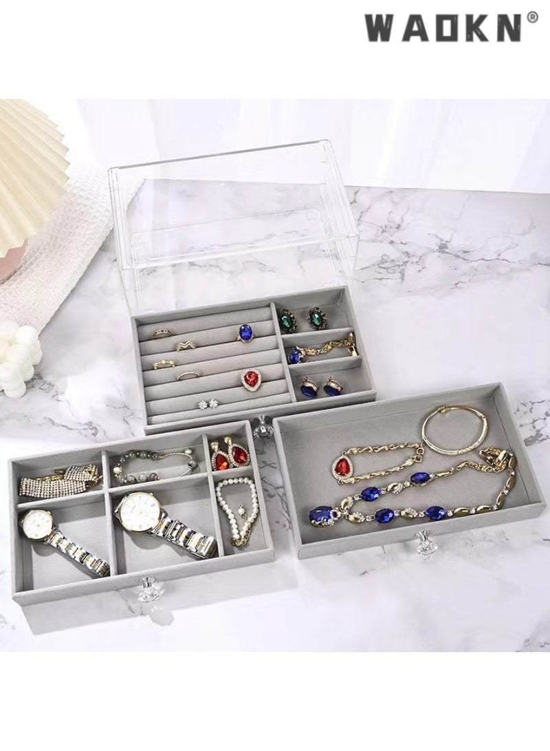 WAOKN Jewelry Organizer Box with 3 Drawers, Earring Jewelry Organizer Clear Jewelry Box for Women, Crystal Handle Velvet Jewelry Display Case for Earring, Rings, Necklace Display Holde,Elegant acrylic jewelry display box, efficient anti-oxidation protection, earrings and necklaces storage box, graceful velvet dust-proof box（Grey） - Image 3