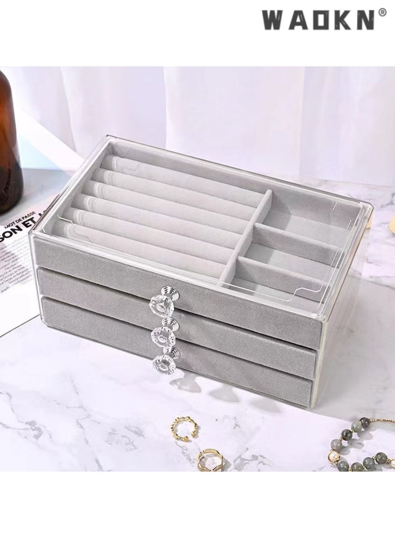 WAOKN Jewelry Organizer Box with 3 Drawers, Earring Jewelry Organizer Clear Jewelry Box for Women, Crystal Handle Velvet Jewelry Display Case for Earring, Rings, Necklace Display Holde,Elegant acrylic jewelry display box, efficient anti-oxidation protection, earrings and necklaces storage box, graceful velvet dust-proof box（Grey） - Image 1