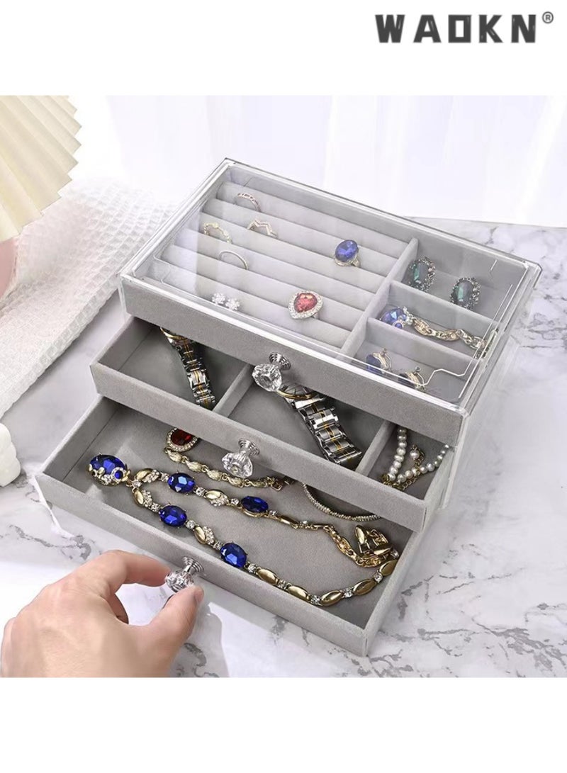 WAOKN Jewelry Organizer Box with 3 Drawers, Earring Jewelry Organizer Clear Jewelry Box for Women, Crystal Handle Velvet Jewelry Display Case for Earring, Rings, Necklace Display Holde,Elegant acrylic jewelry display box, efficient anti-oxidation protection, earrings and necklaces storage box, graceful velvet dust-proof box（Grey） - Image 2