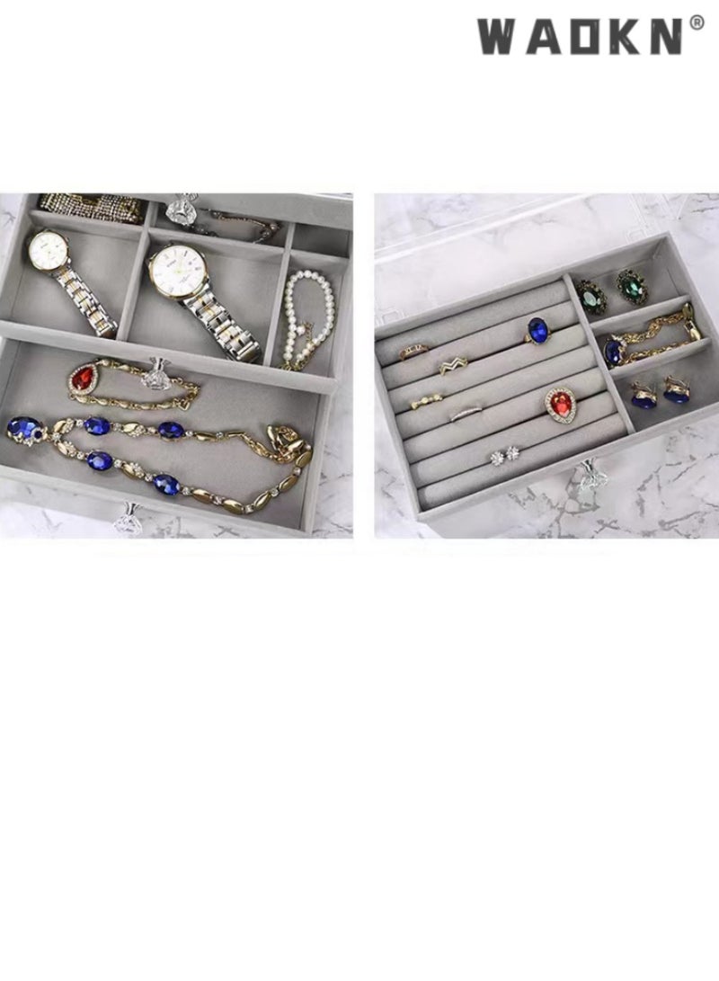 WAOKN Jewelry Organizer Box with 3 Drawers, Earring Jewelry Organizer Clear Jewelry Box for Women, Crystal Handle Velvet Jewelry Display Case for Earring, Rings, Necklace Display Holde,Elegant acrylic jewelry display box, efficient anti-oxidation protection, earrings and necklaces storage box, graceful velvet dust-proof box（Grey） - Image 4