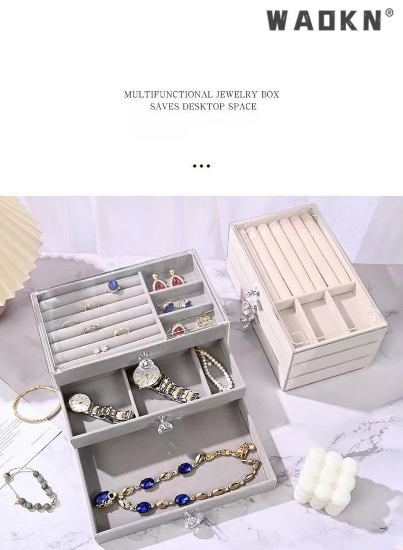 WAOKN Jewelry Organizer Box with 3 Drawers, Earring Jewelry Organizer Clear Jewelry Box for Women, Crystal Handle Velvet Jewelry Display Case for Earring, Rings, Necklace Display Holde,Elegant acrylic jewelry display box, efficient anti-oxidation protection, earrings and necklaces storage box, graceful velvet dust-proof box（Grey） - Image 5